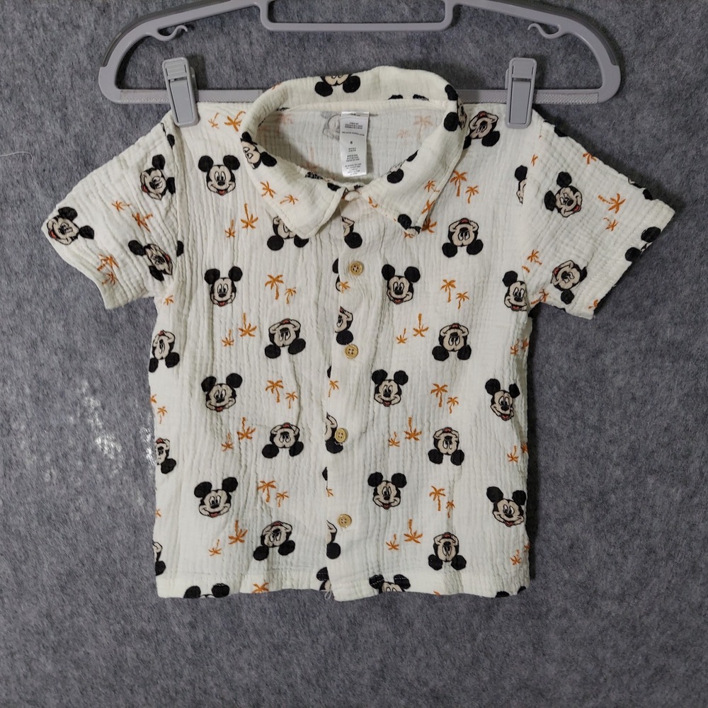 Disney Boys Cotton Gauze Mickey Mouse Shirt 6 White Tropical Beach Button Up